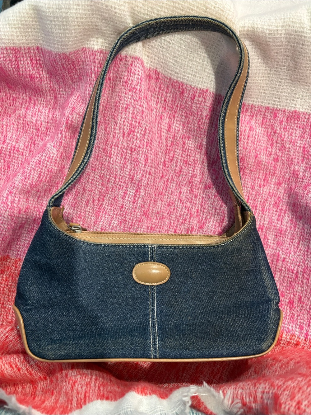Chateau Denim Small Shoulder Bag with Tan Trim